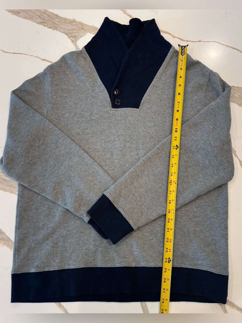 Lands’ End Men’s XL Shawl Collar Sweater 100% Cotton Button Neck Gray Navy